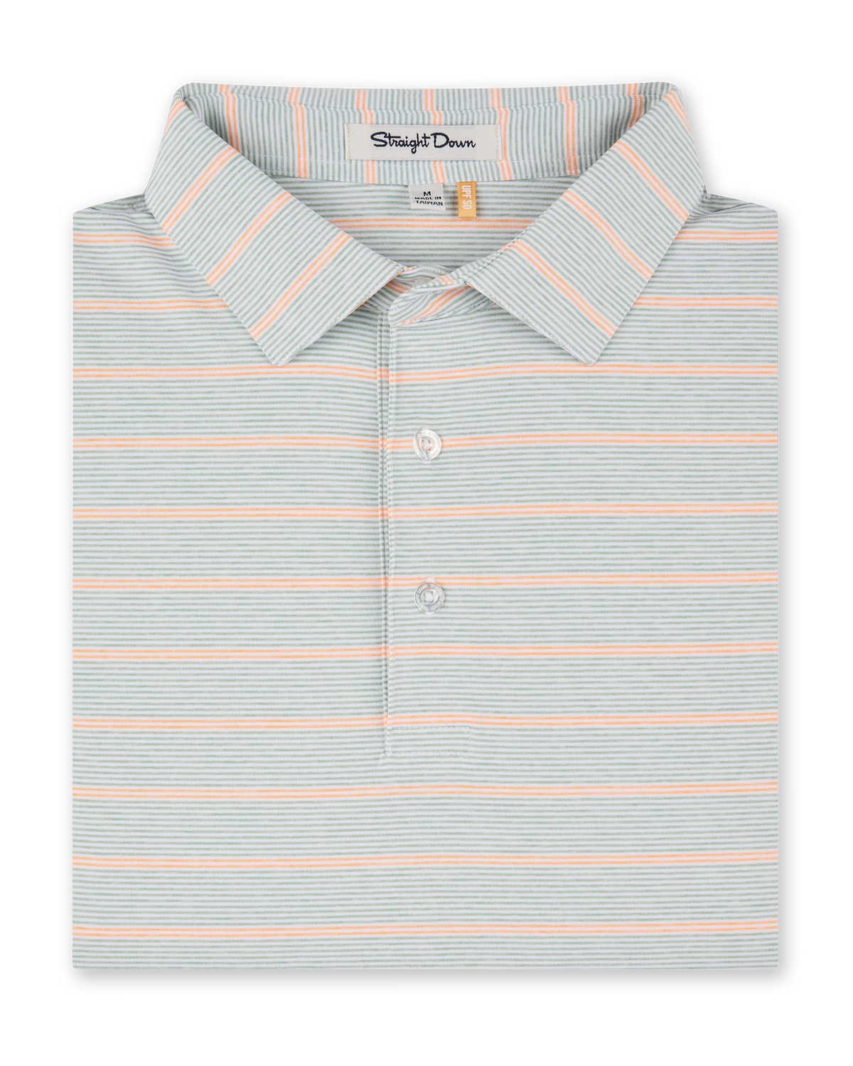 Folded Oceano Dunes Striped Polo in Cantaloupe featuring fine sage green and white stripes with soft cantaloupe accent stripes and a three-button placket.