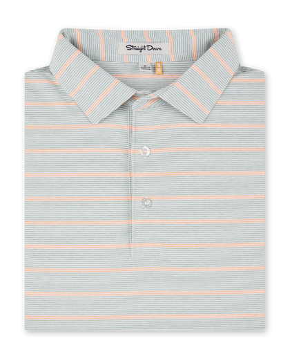 Folded Oceano Dunes Striped Polo in Cantaloupe featuring fine sage green and white stripes with soft cantaloupe accent stripes and a three-button placket.