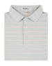 Folded Oceano Dunes Striped Polo in Cantaloupe featuring fine sage green and white stripes with soft cantaloupe accent stripes and a three-button placket.
