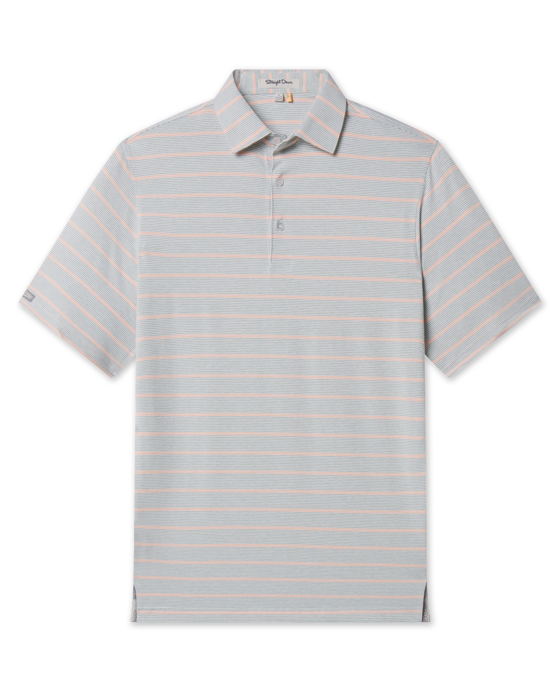Front view of the Oceano Dunes Striped Polo in Cantaloupe featuring short sleeves, a three-button placket, and fine horizontal sage green and cantaloupe stripes.