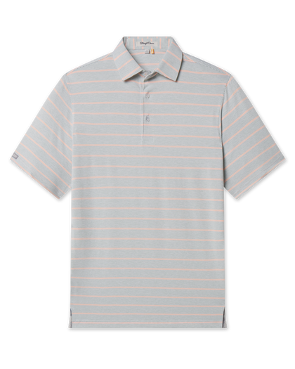 Front view of the Oceano Dunes Striped Polo in Cantaloupe featuring short sleeves, a three-button placket, and fine horizontal sage green and cantaloupe stripes.