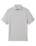 Front view of the Oceano Dunes Striped Polo in Cantaloupe featuring short sleeves, a three-button placket, and fine horizontal sage green and cantaloupe stripes.
