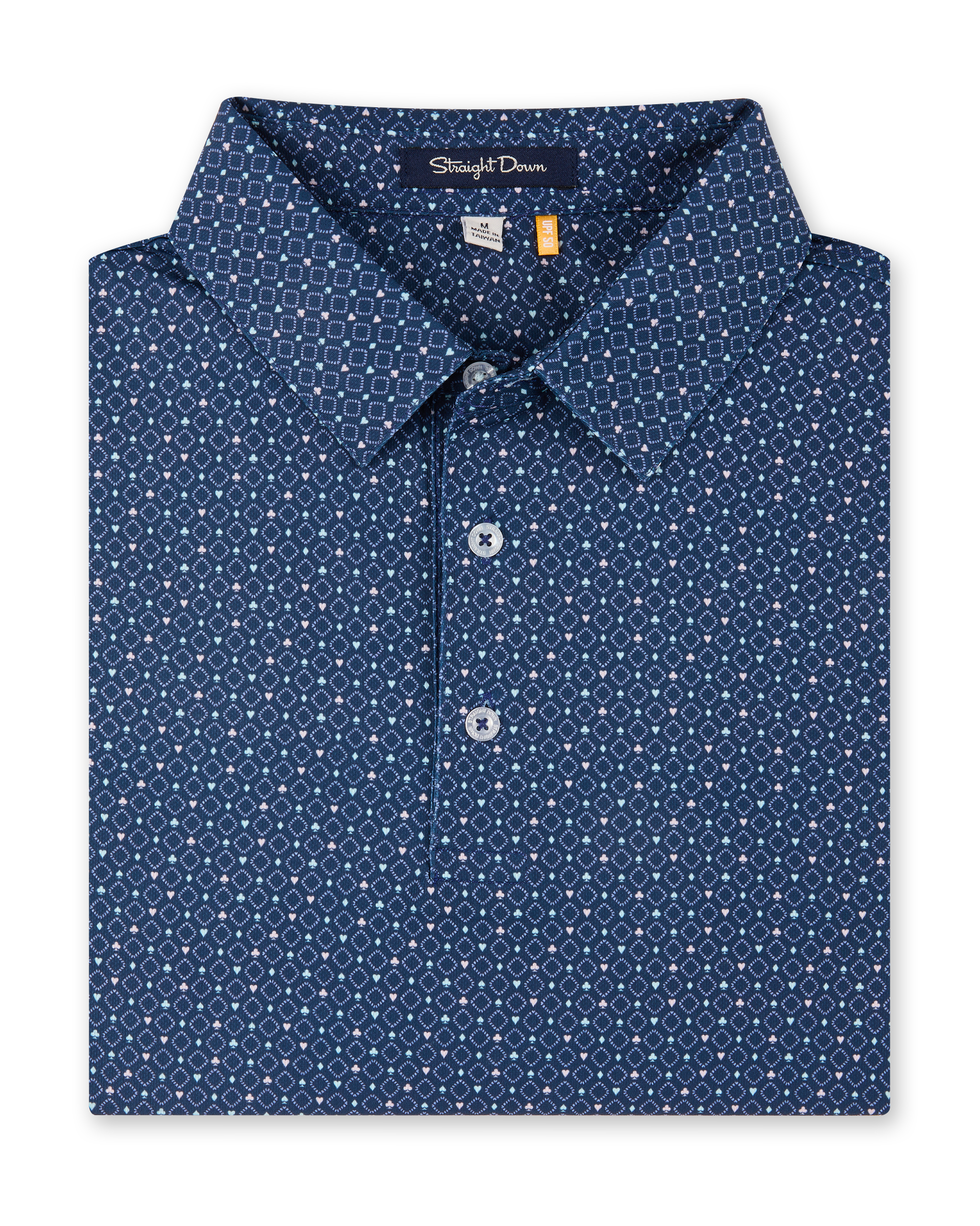 Close-up product view of the Casino Polo in Blue Shade, featuring an allover geometric pattern with small pastel playing card suit motifs, a classic collar, and button placket.