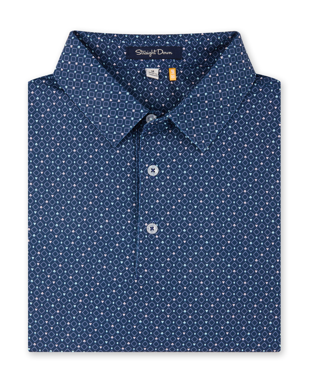 Close-up product view of the Casino Polo in Blue Shade, featuring an allover geometric pattern with small pastel playing card suit motifs, a classic collar, and button placket.