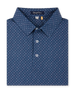 Close-up product view of the Casino Polo in Blue Shade, featuring an allover geometric pattern with small pastel playing card suit motifs, a classic collar, and button placket.