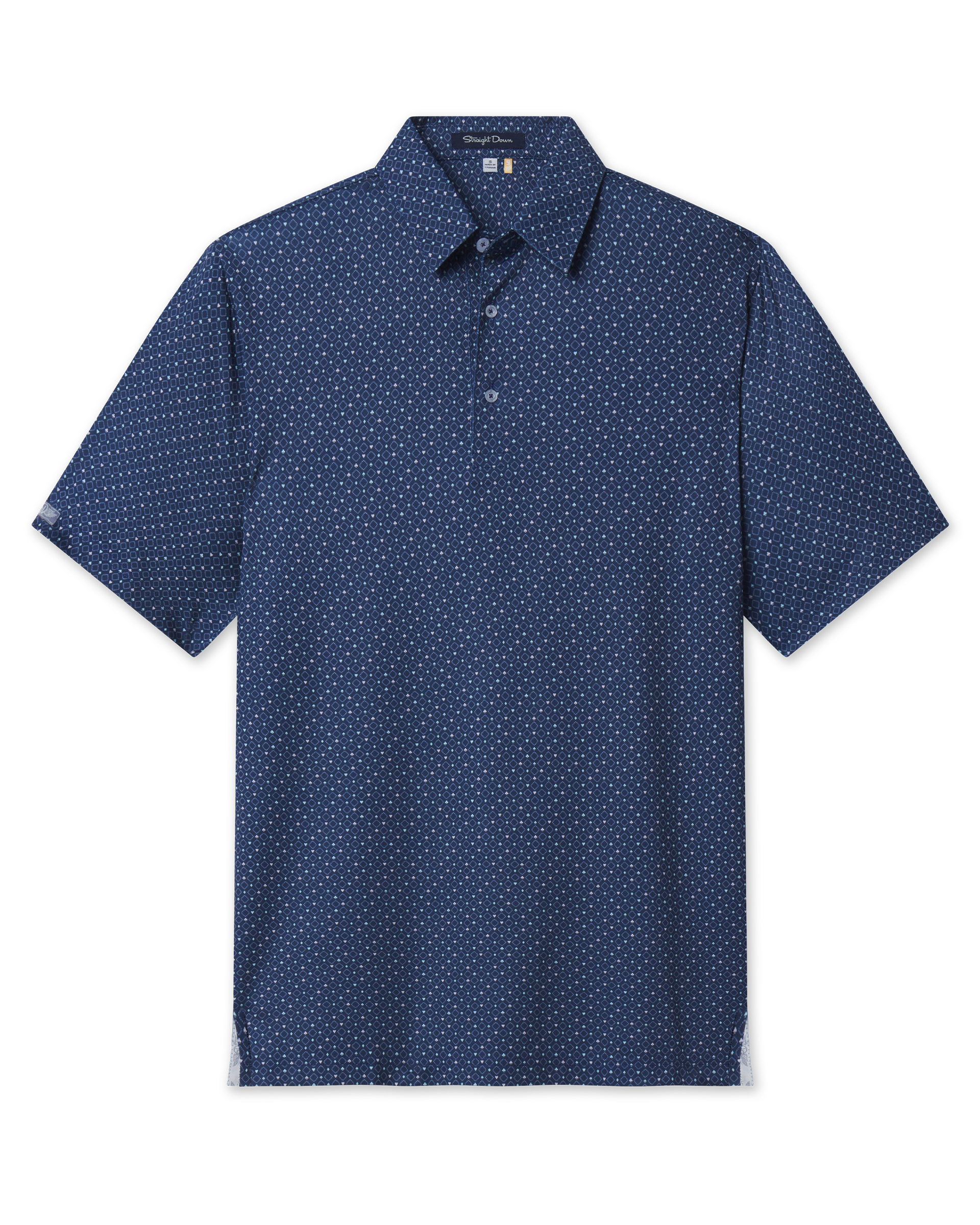 Front product view of the Casino Polo in Blue Shade, featuring a navy geometric print with subtle playing card suit motifs, short sleeves, and a button placket.