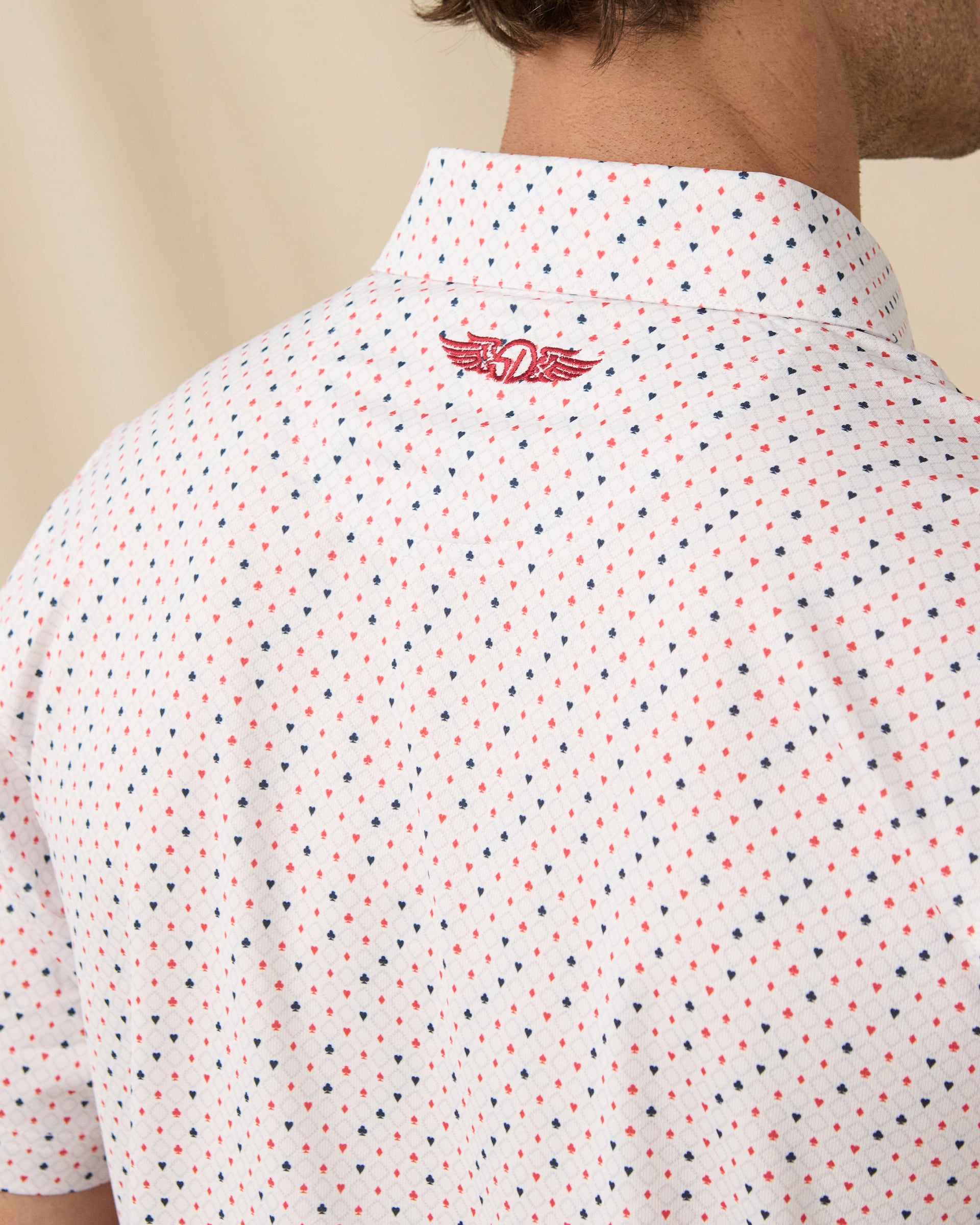 Casino Polo in Flag Red, back logo detail close-up