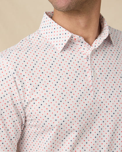 Casino Polo in Flag Red, collar and print detail close-up