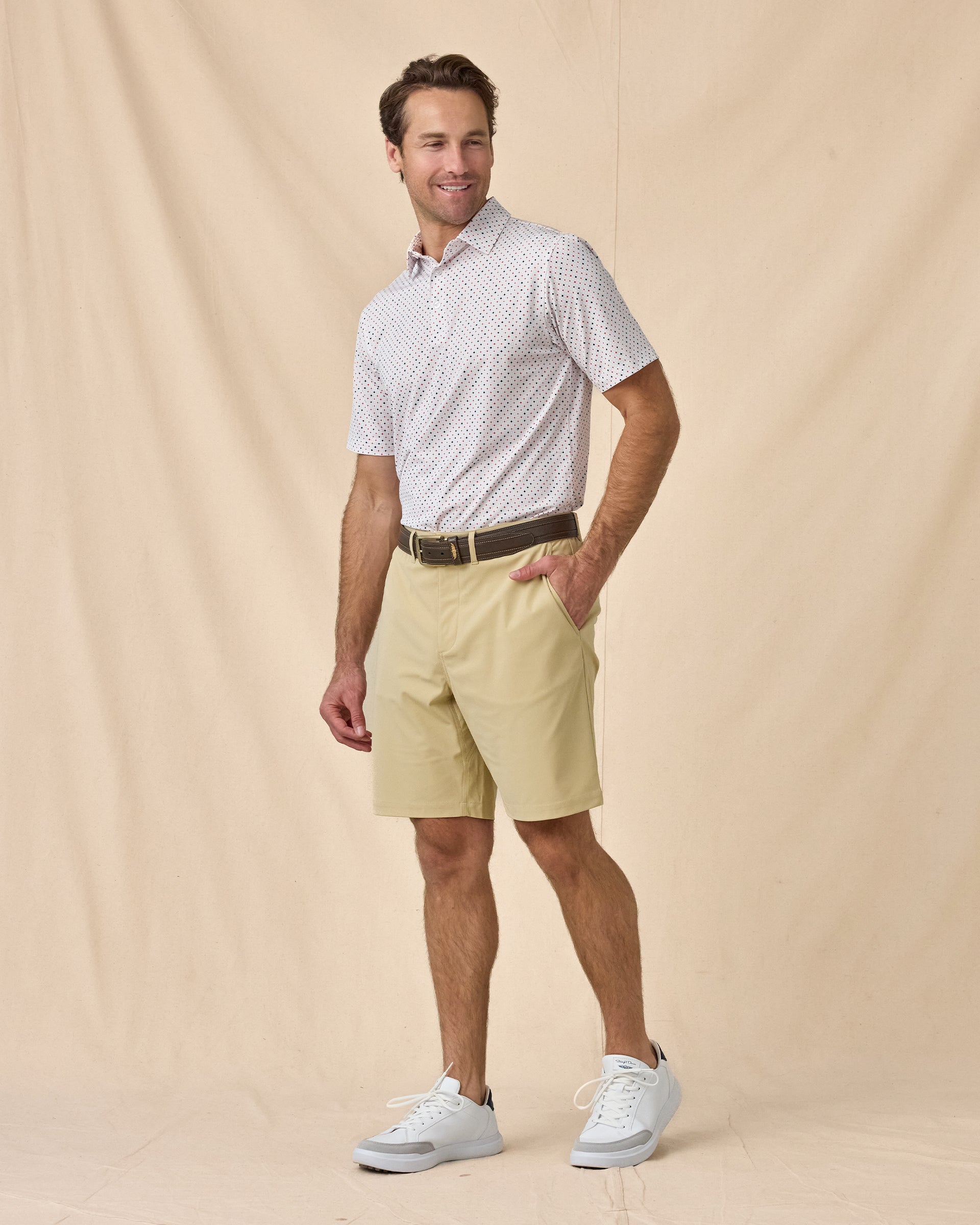 Men’s Casino Polo in Flag Red, full outfit view styled with light shorts