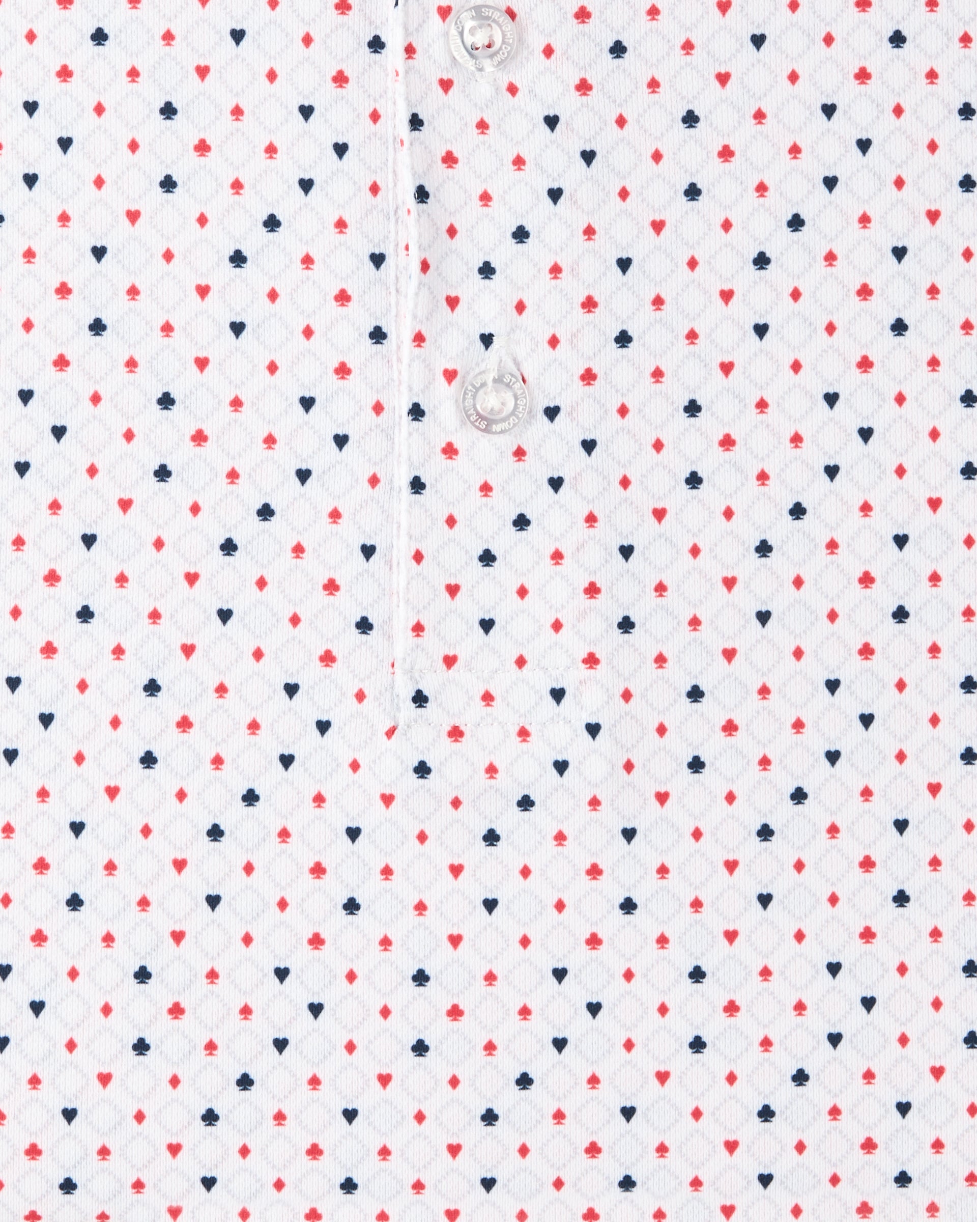 Casino Polo in Flag Red, playing card suit print detail close-up view