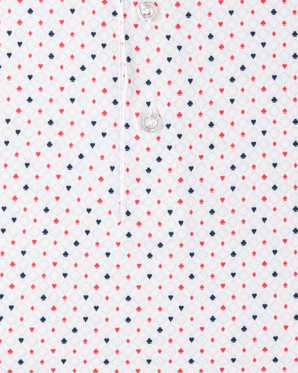 Casino Polo in Flag Red, playing card suit print detail close-up view