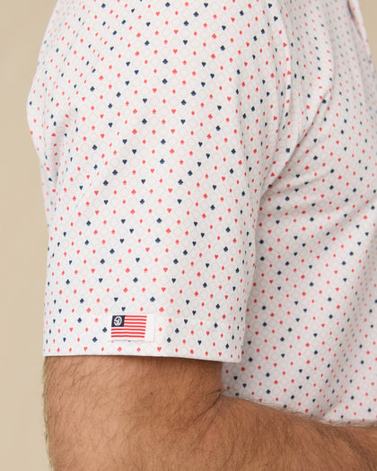Casino Polo in Flag Red with sleeve logo detail close-up