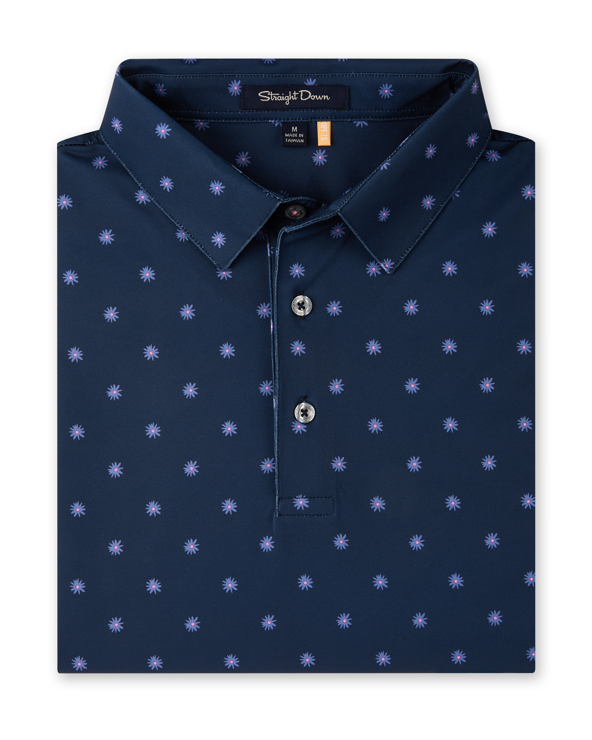 Close-up product view of the Al Fresco Polo in New Indigo, featuring an allover blue and pink floral motif, classic collar, and button placket.