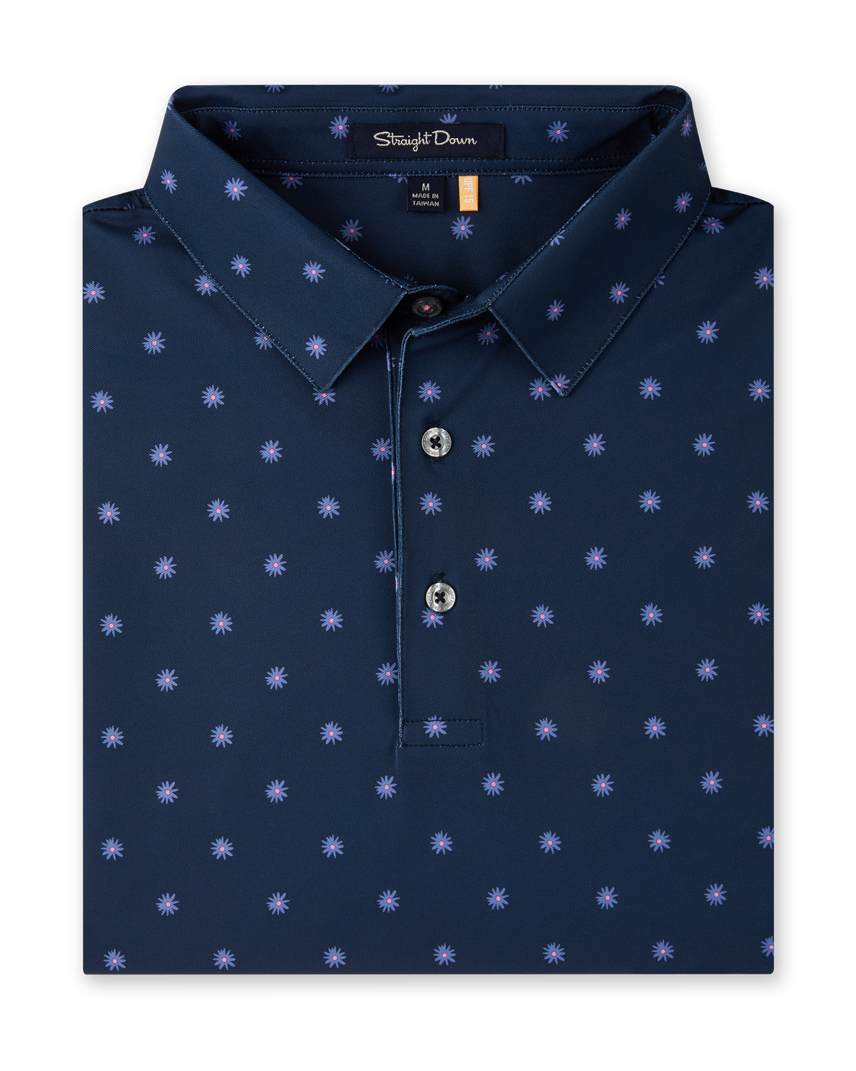 Close-up product view of the Al Fresco Polo in New Indigo, featuring an allover blue and pink floral motif, classic collar, and button placket.