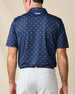 Back view of the Al Fresco Polo in New Indigo, highlighting the allover print and embroidered Straight Down logo below the collar.