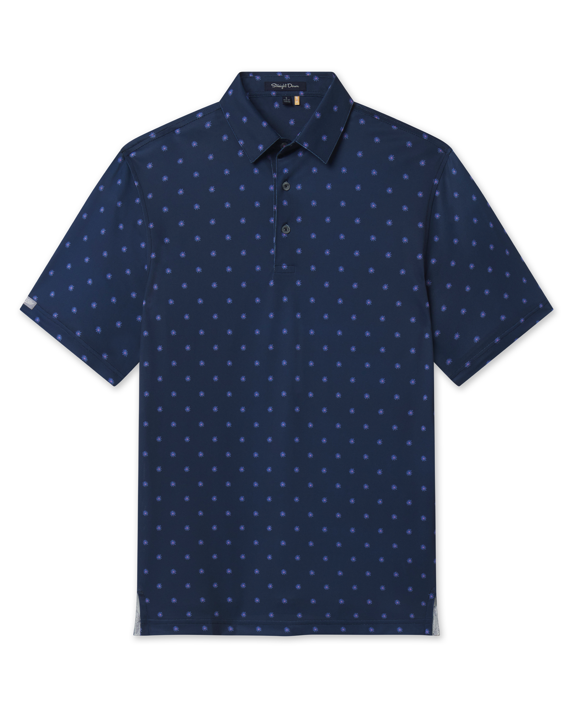 Front product view of the Al Fresco Polo in New Indigo, featuring a navy base with an allover blue and pink floral motif, short sleeves, and button placket.