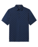Front product view of the Al Fresco Polo in New Indigo, featuring a navy base with an allover blue and pink floral motif, short sleeves, and button placket.