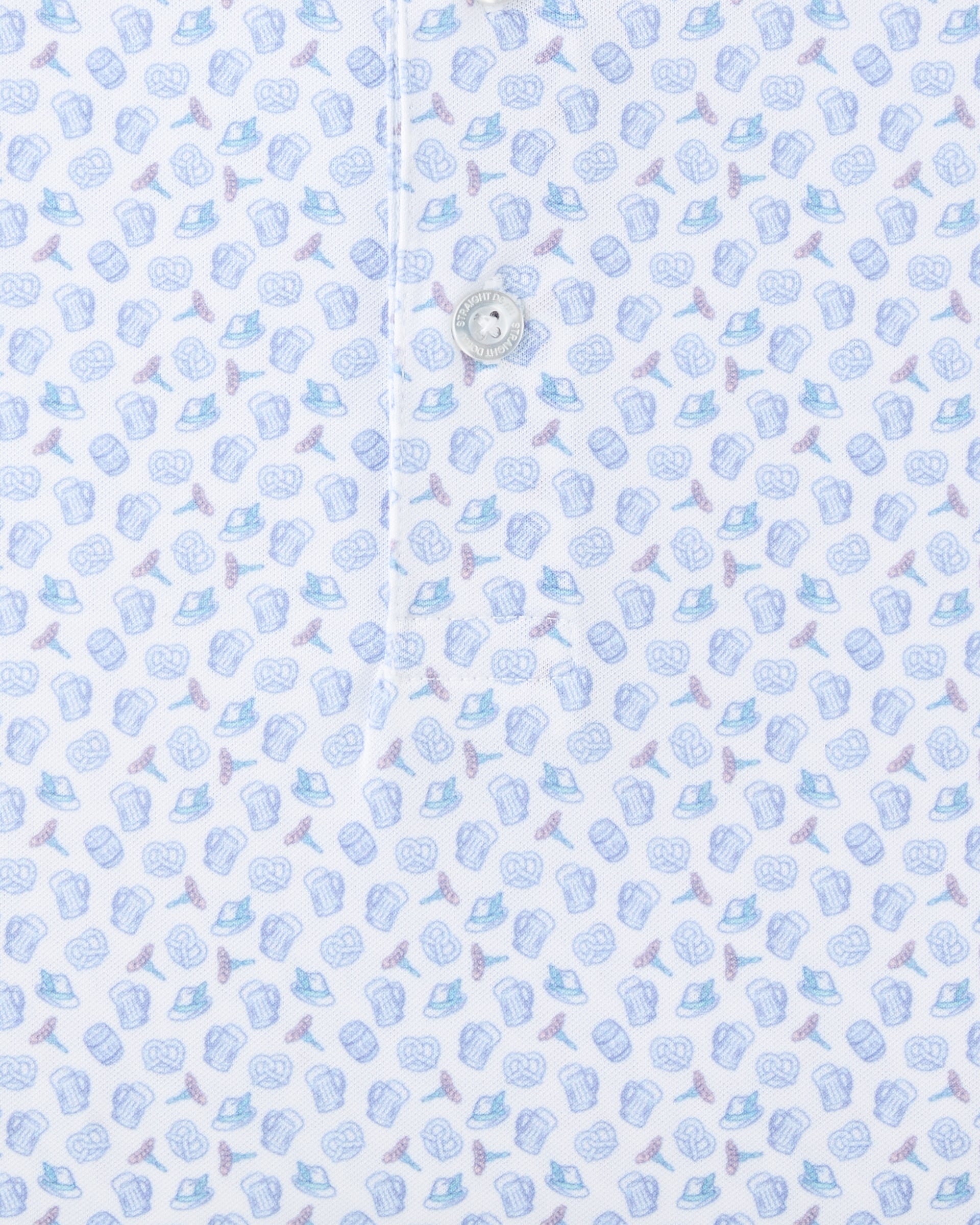 Close-up of the Hofbrau Polo in Blue Shade showing the detailed beer mug, pretzel, alpine hat, and sausage print with a branded button.