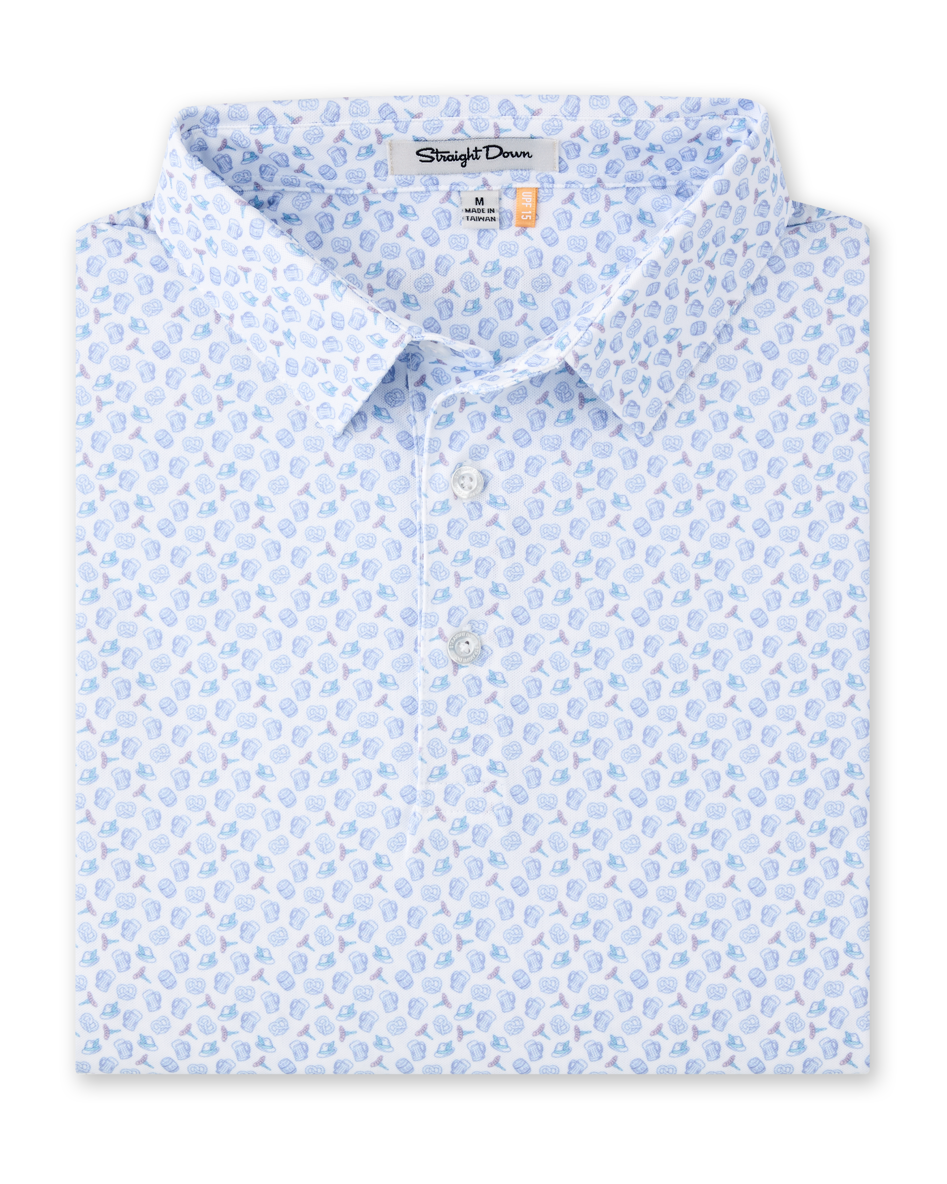 Folded Hofbrau Polo in Blue Shade featuring an allover print of beer mugs, pretzels, alpine hats, and sausages in soft blue, teal, and purple tones.