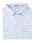 Folded Hofbrau Polo in Blue Shade featuring an allover print of beer mugs, pretzels, alpine hats, and sausages in soft blue, teal, and purple tones.