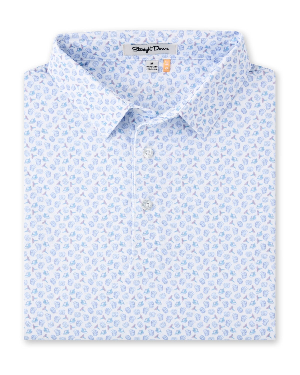 Folded Hofbrau Polo in Blue Shade featuring an allover print of beer mugs, pretzels, alpine hats, and sausages in soft blue, teal, and purple tones.