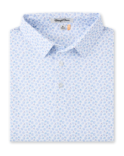 Folded Hofbrau Polo in Blue Shade featuring an allover print of beer mugs, pretzels, alpine hats, and sausages in soft blue, teal, and purple tones.