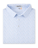 Folded Hofbrau Polo in Blue Shade featuring an allover print of beer mugs, pretzels, alpine hats, and sausages in soft blue, teal, and purple tones.