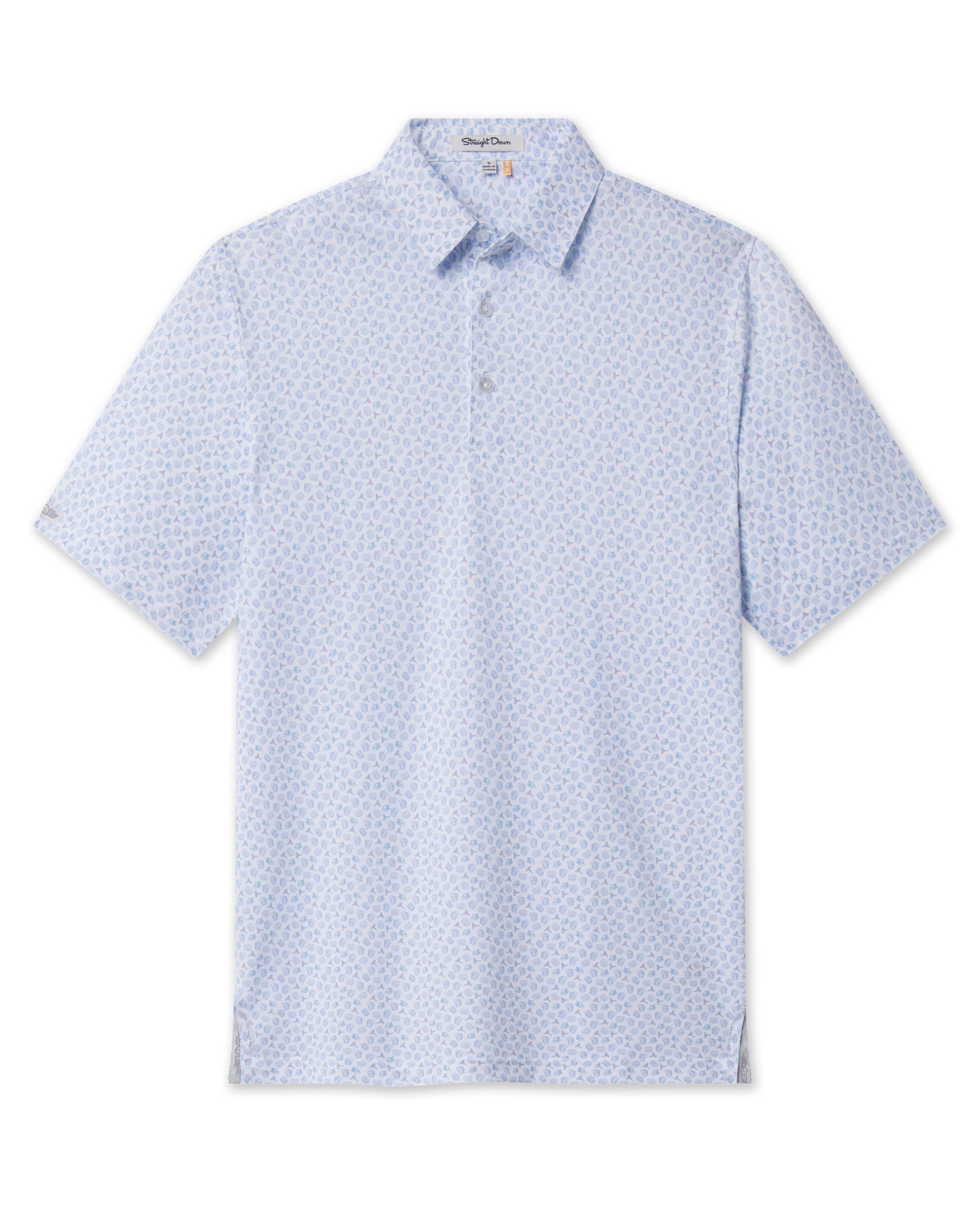 Front view of the Hofbrau Polo in Blue Shade, featuring short sleeves, a three-button placket, and an allover Oktoberfest-inspired print.