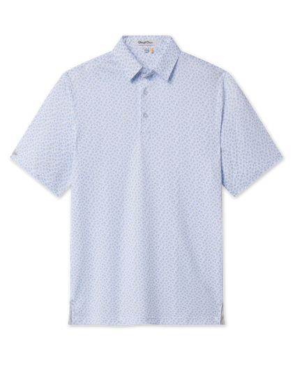 Front view of the Hofbrau Polo in Blue Shade, featuring short sleeves, a three-button placket, and an allover Oktoberfest-inspired print.