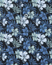 Close-up of the Hawaii 5.0 Polo showing the black fabric, blue and light green hibiscus print, button, and placket stitching.