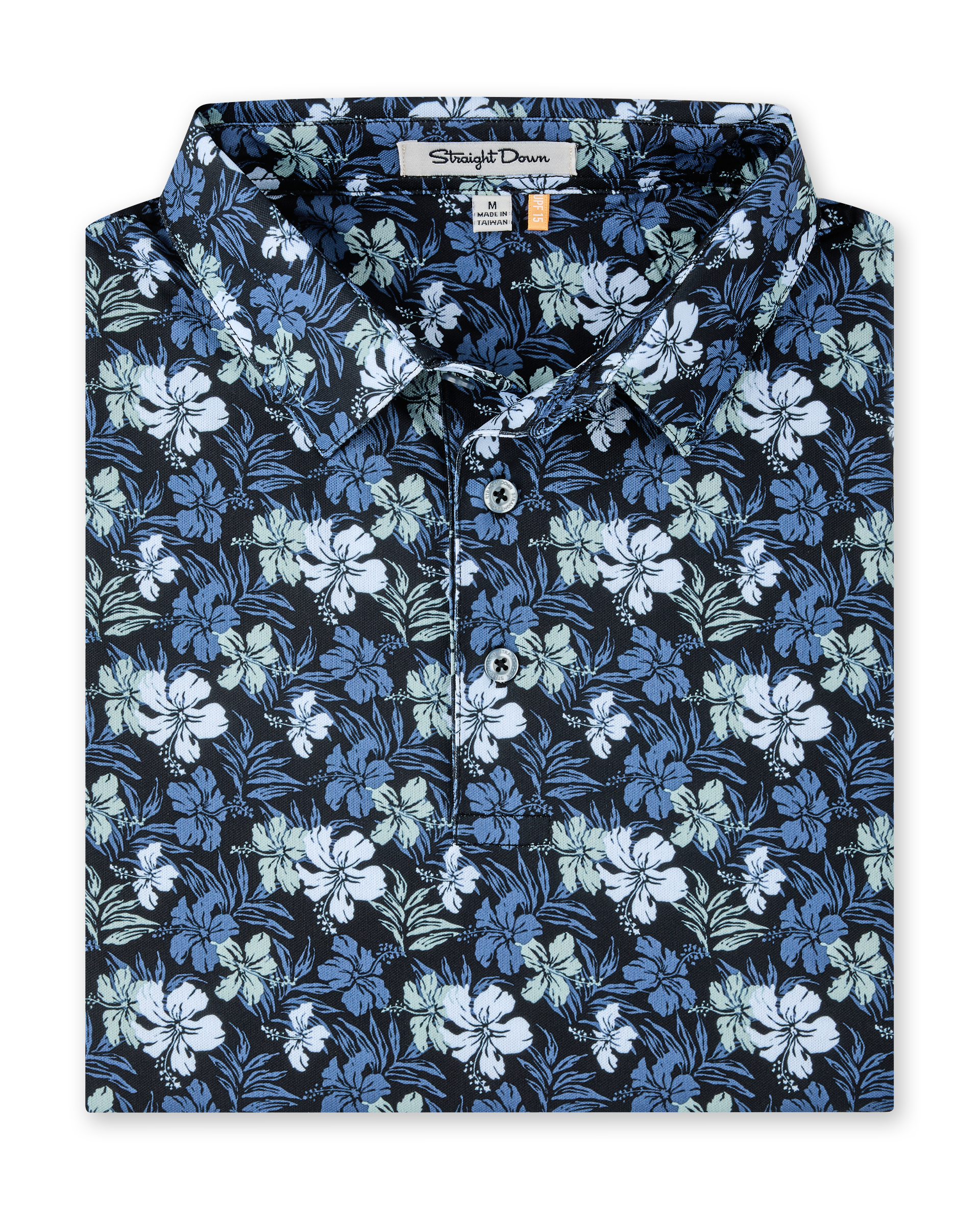 Folded black Hawaii 5.0 Polo featuring an allover blue and light green hibiscus floral print and button placket.