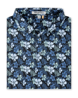 Folded black Hawaii 5.0 Polo featuring an allover blue and light green hibiscus floral print and button placket.