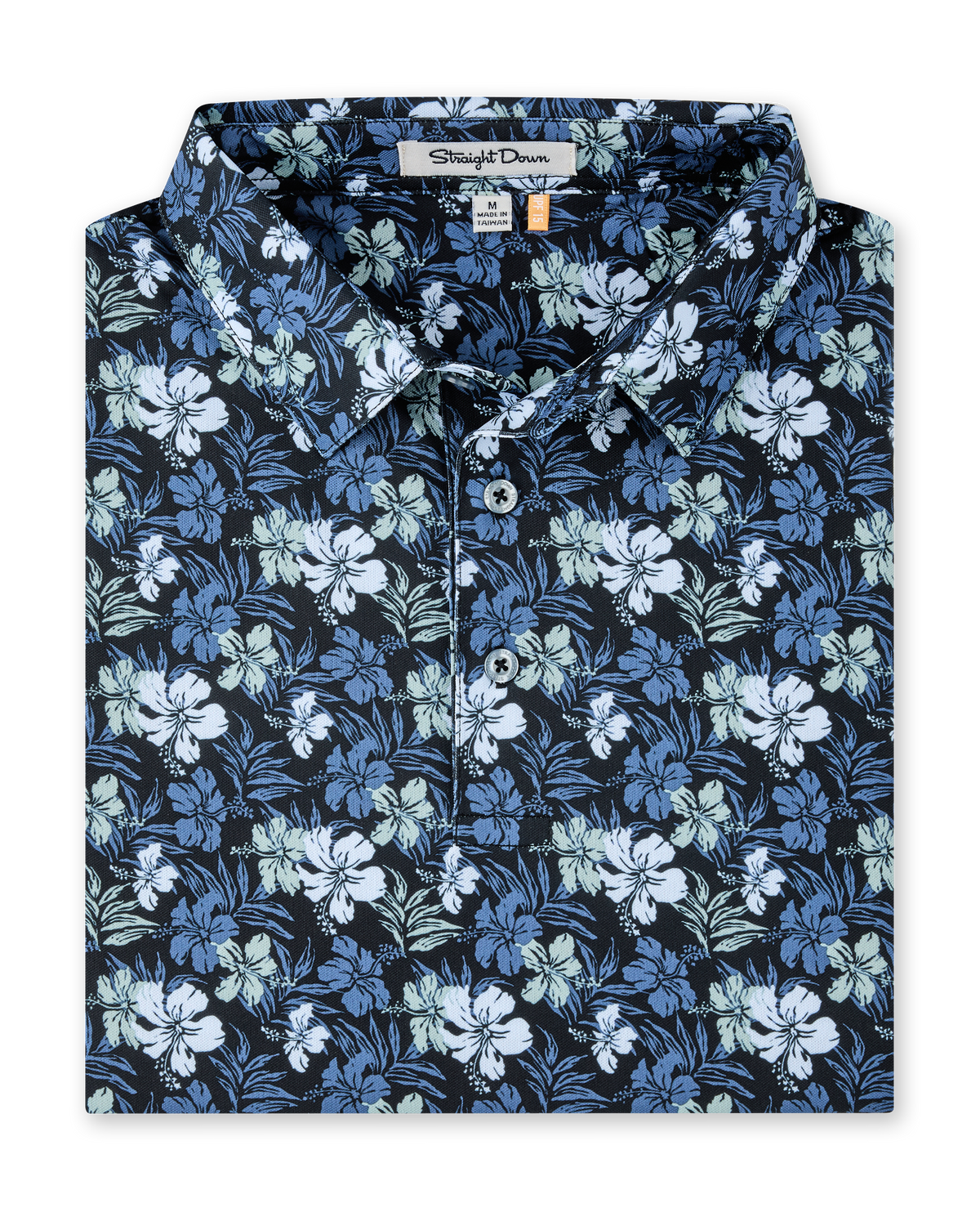Folded black Hawaii 5.0 Polo featuring an allover blue and light green hibiscus floral print and button placket.
