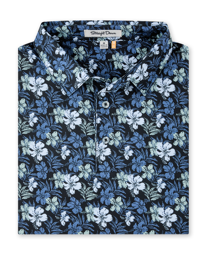 Folded black Hawaii 5.0 Polo featuring an allover blue and light green hibiscus floral print and button placket.