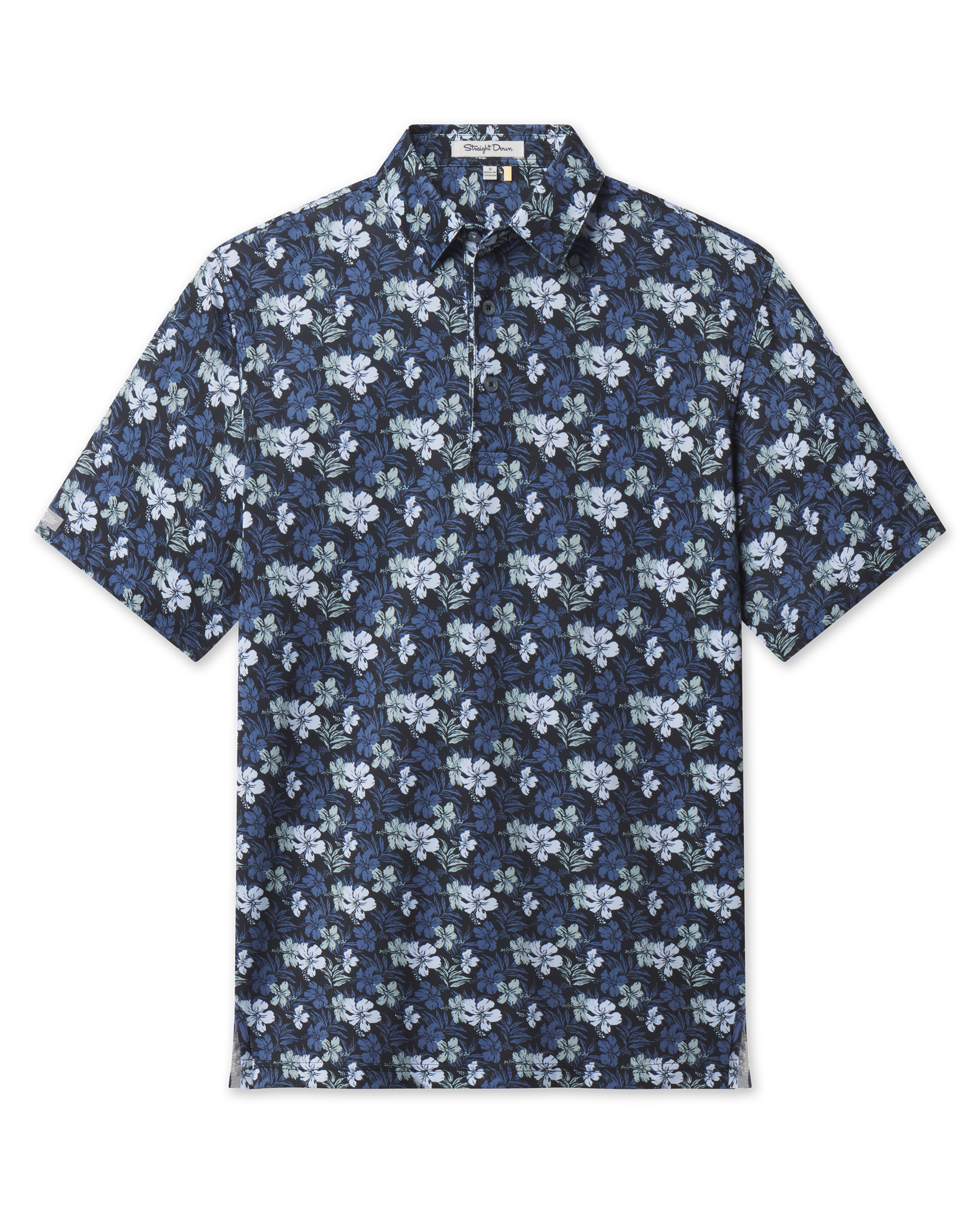 Black Hawaii 5.0 Polo with short sleeves, classic collar, and an allover blue and light green hibiscus floral print.