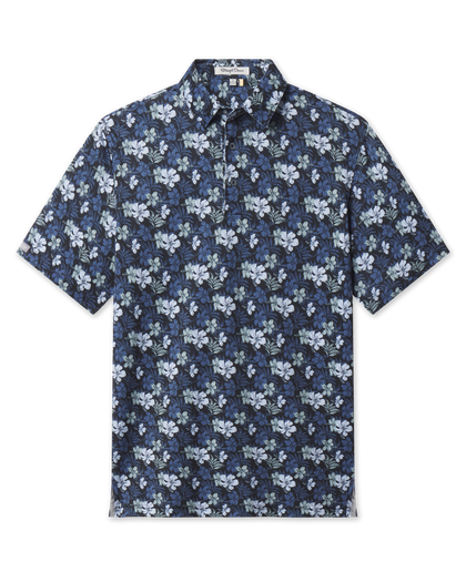 Black Hawaii 5.0 Polo with short sleeves, classic collar, and an allover blue and light green hibiscus floral print.