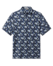 Black Hawaii 5.0 Polo with short sleeves, classic collar, and an allover blue and light green hibiscus floral print.