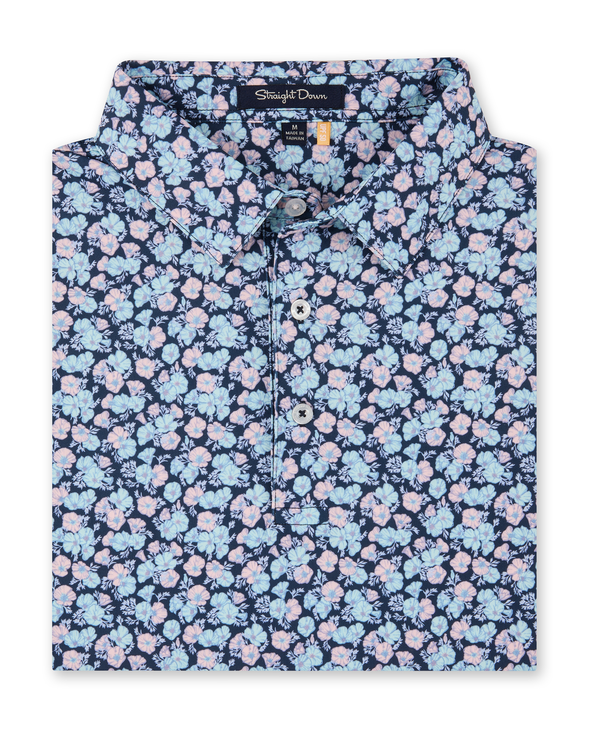 A folded short-sleeve polo with a dense floral print in light blue, pink, and white over a dark navy background. The brand label 'Straight Down' is visible inside the collar.