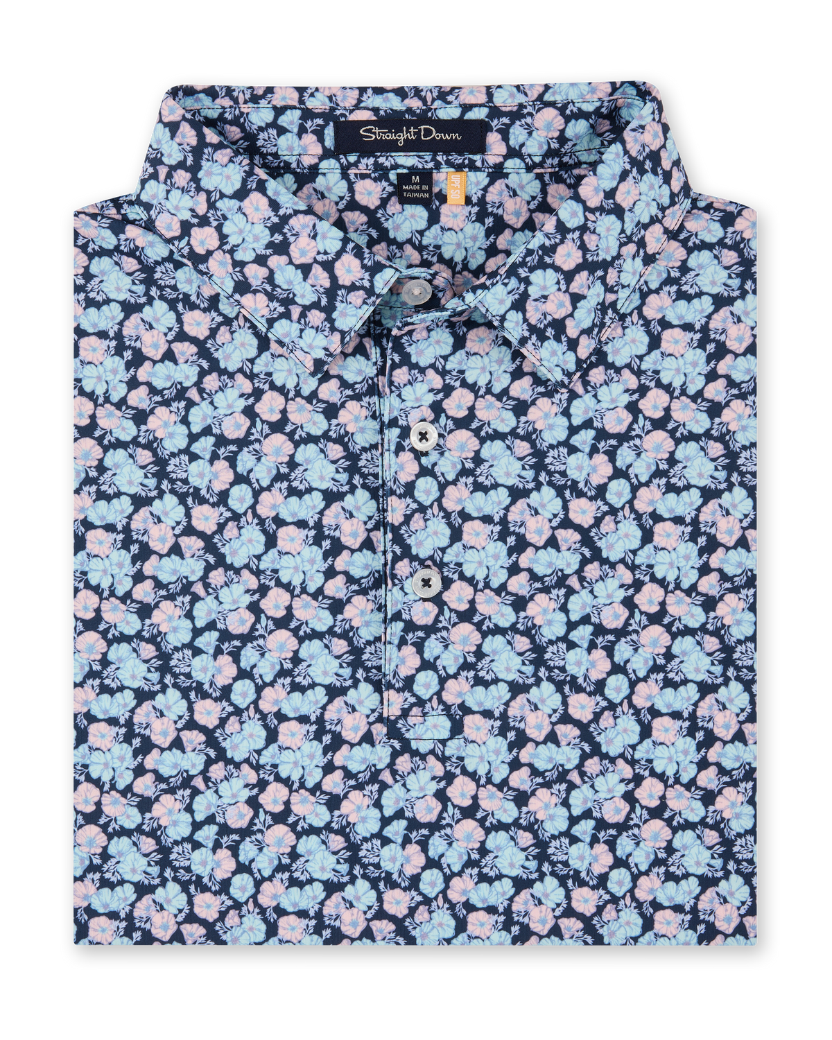 A folded short-sleeve polo with a dense floral print in light blue, pink, and white over a dark navy background. The brand label 'Straight Down' is visible inside the collar.