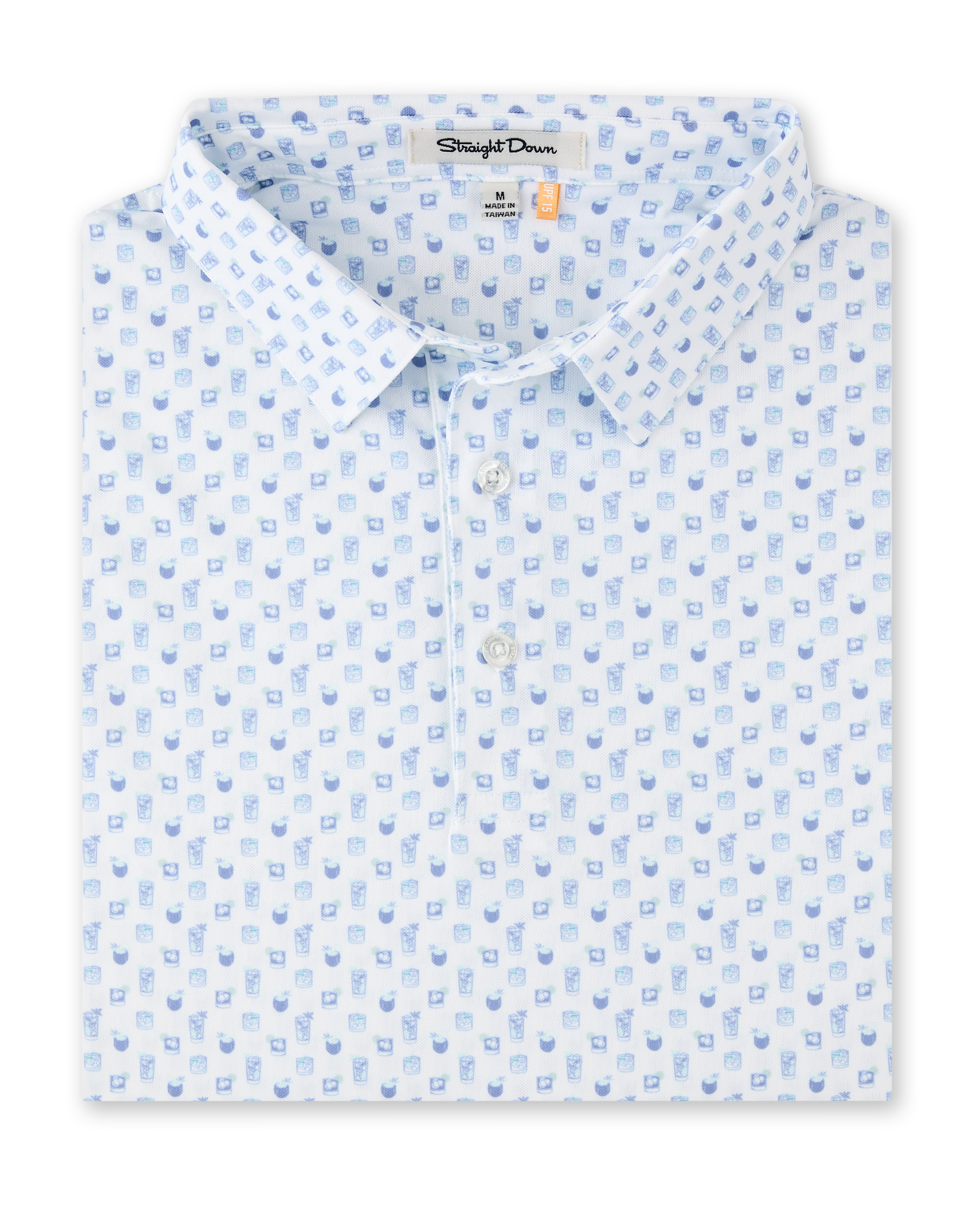 Folded Trader Vics Polo in Blue Shade featuring an all-over cocktail drink print in soft blue and aqua tones.