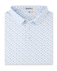 Folded Trader Vics Polo in Blue Shade featuring an all-over cocktail drink print in soft blue and aqua tones.