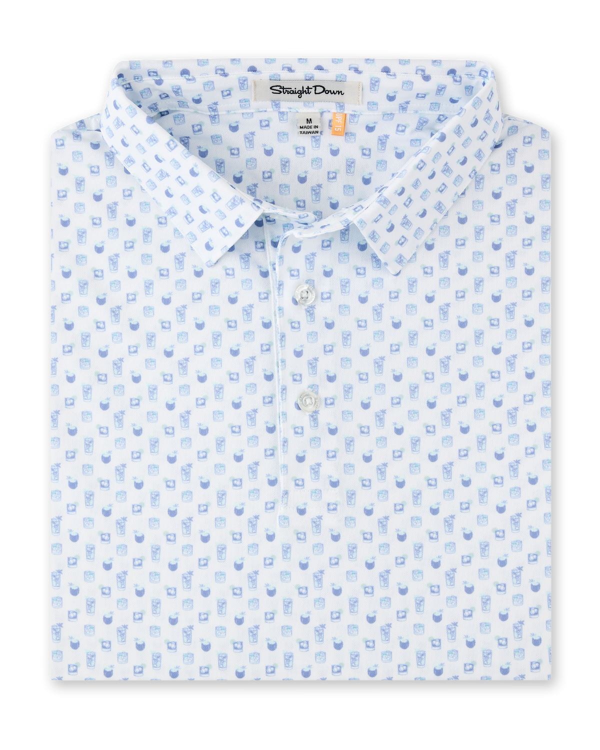 Folded Trader Vics Polo in Blue Shade featuring an all-over cocktail drink print in soft blue and aqua tones.