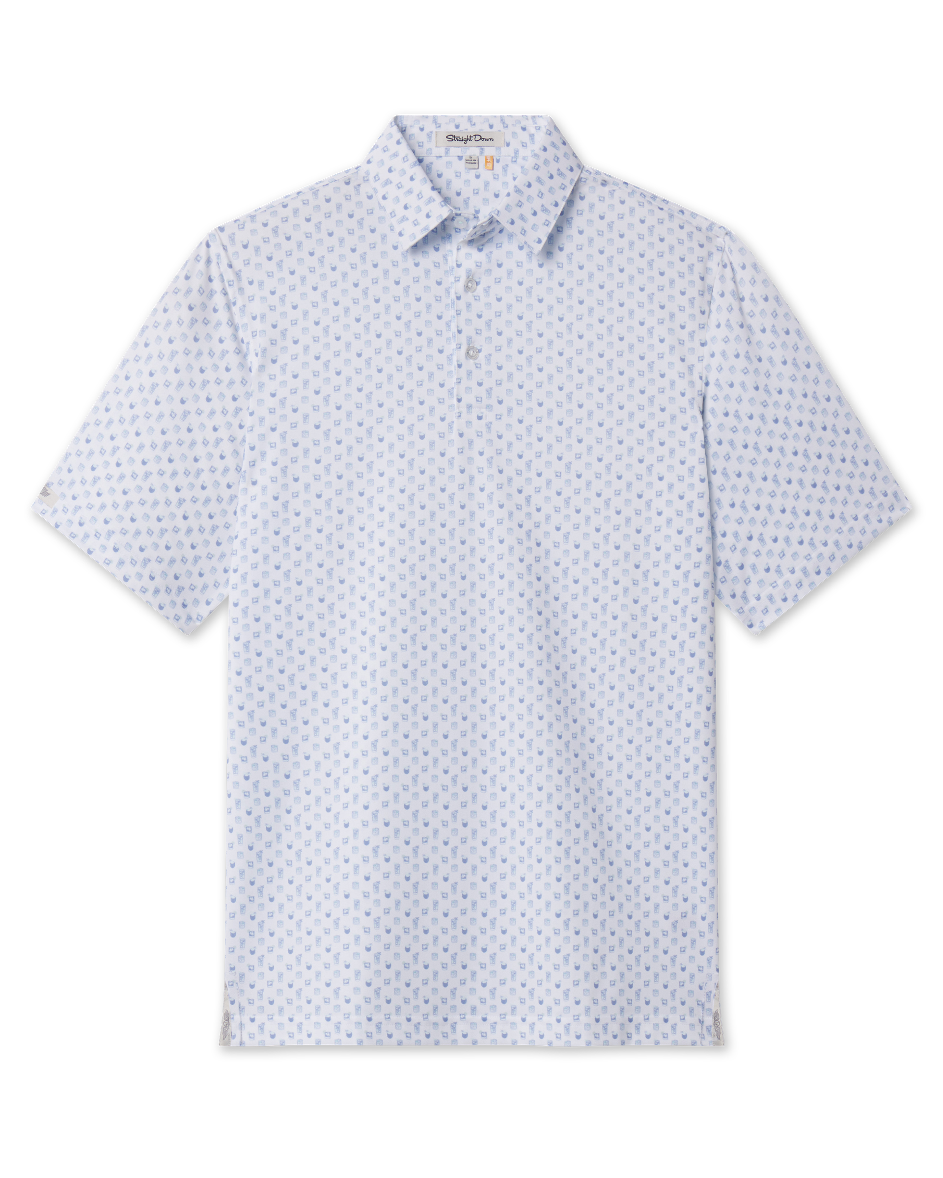 Trader Vics Polo in Blue Shade featuring a short-sleeve silhouette and all-over cocktail drink print.