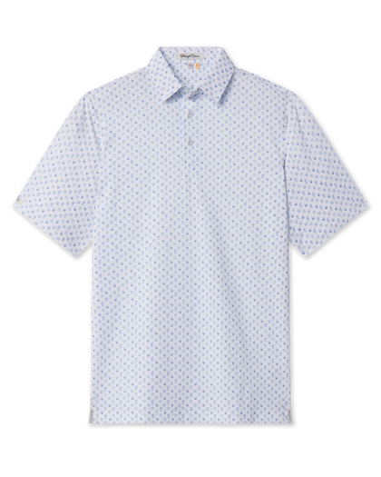 Trader Vics Polo in Blue Shade featuring a short-sleeve silhouette and all-over cocktail drink print.