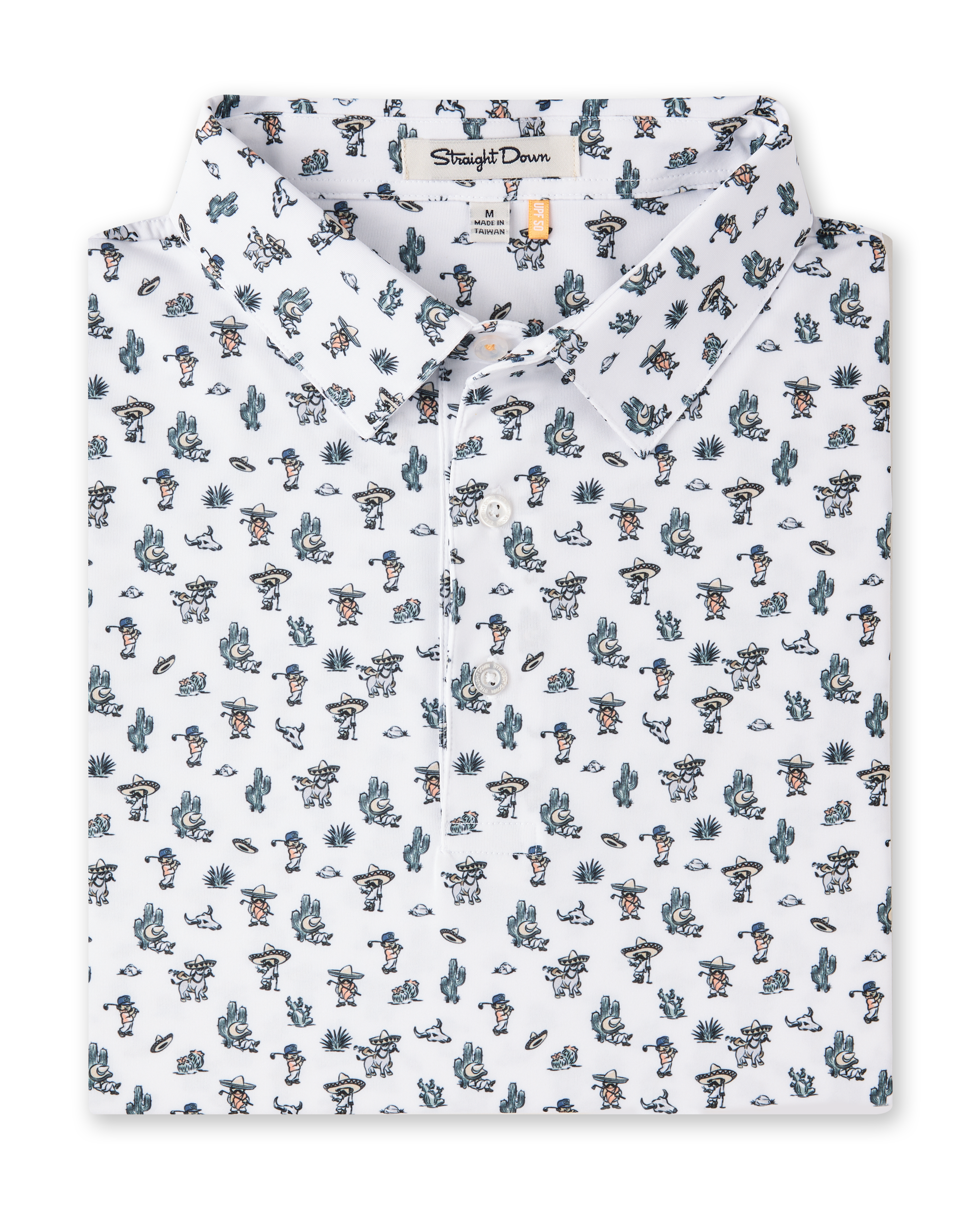Folded white Siesta Polo featuring an allover Western-inspired print with golfers, cacti, sombreros, and desert motifs.