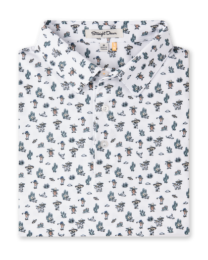 Folded white Siesta Polo featuring an allover Western-inspired print with golfers, cacti, sombreros, and desert motifs.