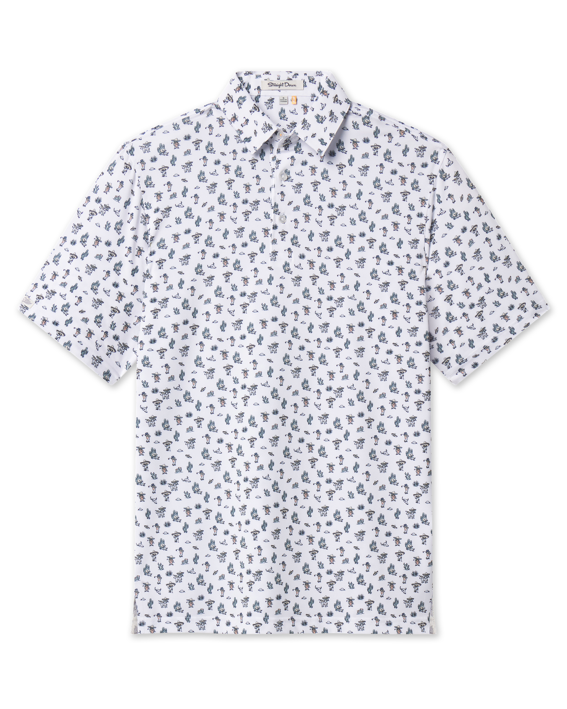 White Siesta Polo with short sleeves, classic collar, and an allover Western-inspired illustrated print.