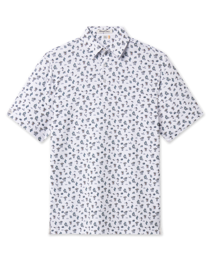 White Siesta Polo with short sleeves, classic collar, and an allover Western-inspired illustrated print.