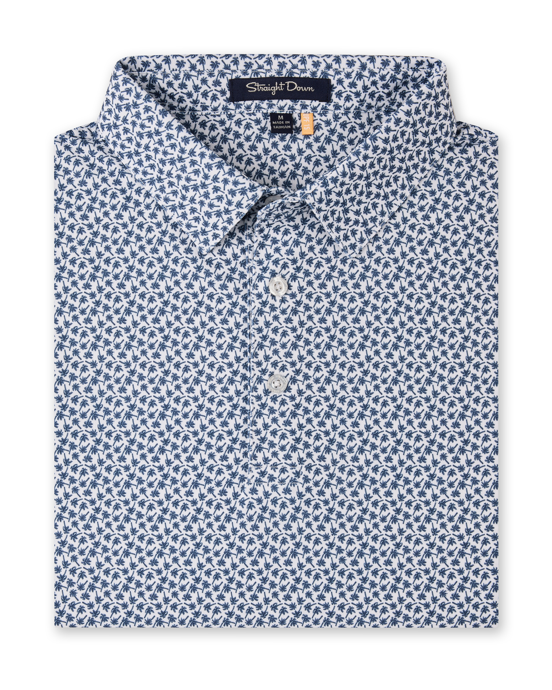 Folded Date Palm Polo in New Indigo with a white base, navy palm tree print, and three-button placket