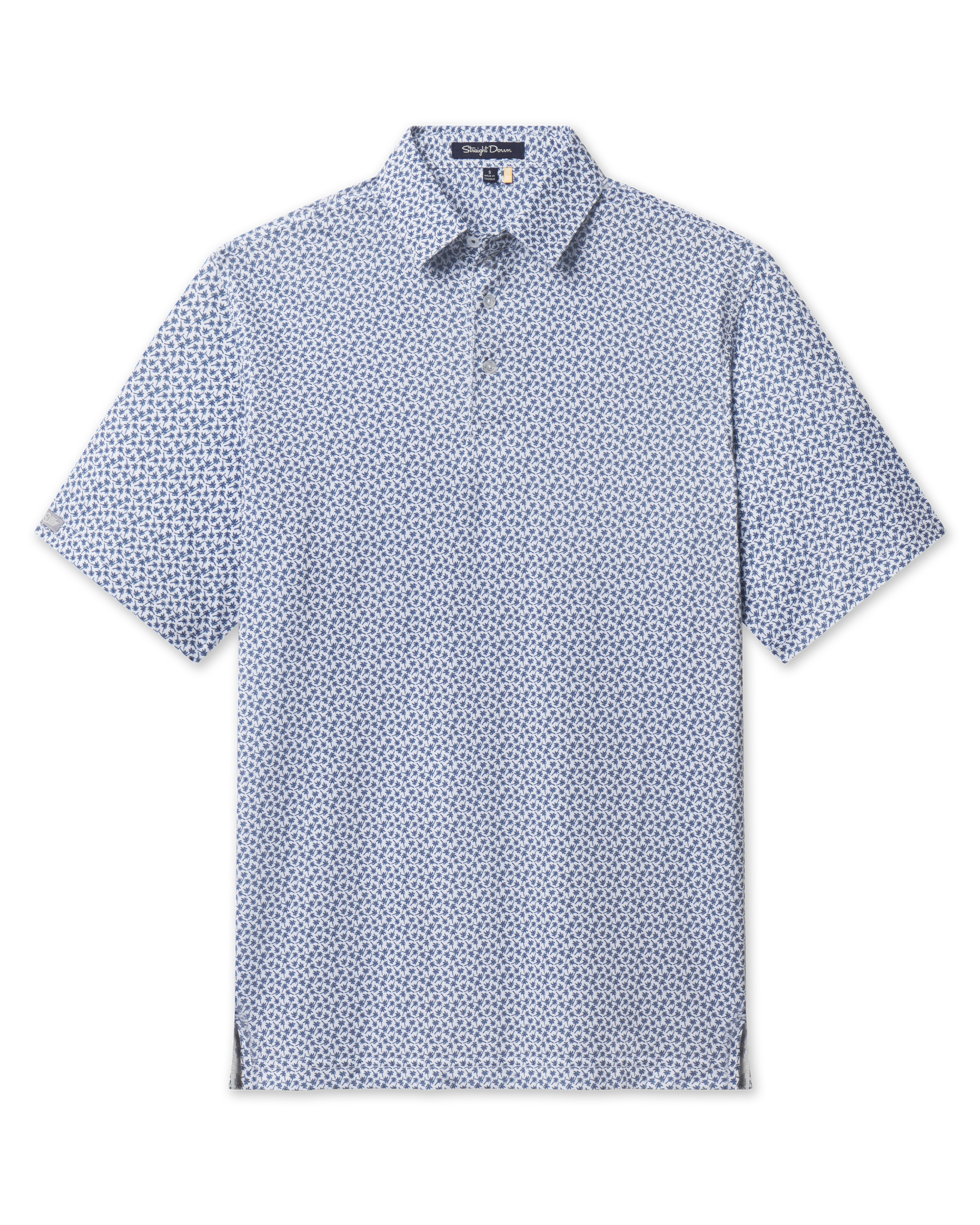 Front view of the Date Palm Polo in New Indigo featuring an allover navy palm tree print